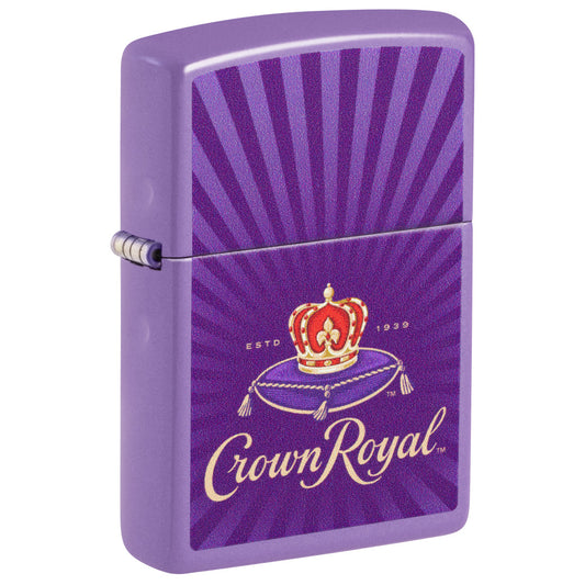 Front shot of Zippo Crown Royal Rays Design Smoky Lavender Windproof Lighter standing at a 3/4 angle.
