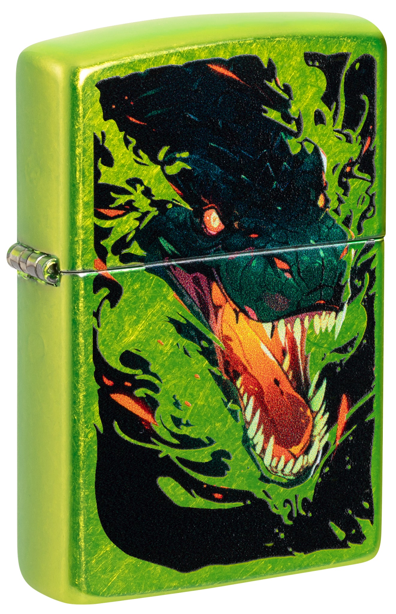 Front shot of Zippo Screaming Dragon Design Lurid Windproof Lighter standing at a 3/4 angle.