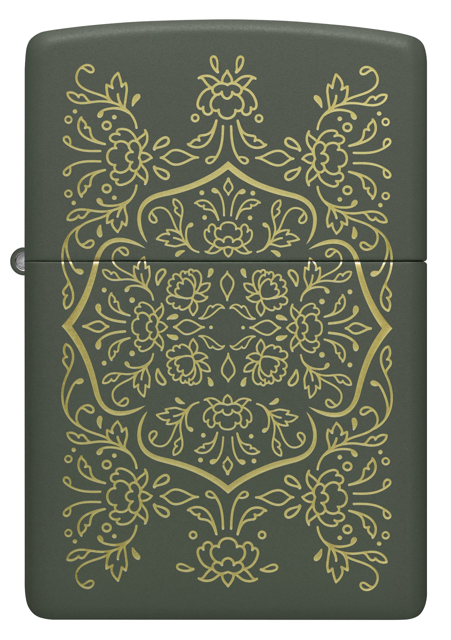 Front view of Zippo Floral Mandala Design Green Matte Windproof Lighter.