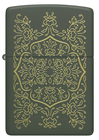 Front view of Zippo Floral Mandala Design Green Matte Windproof Lighter.