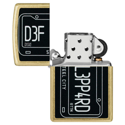Zippo Def Leppard Steel City Design Street Brass Windproof Lighter with its lid open and unlit.