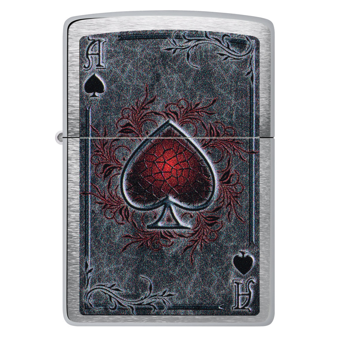 Front view of Zippo Antiqued Ace Design Brushed Chrome Windproof Lighter.