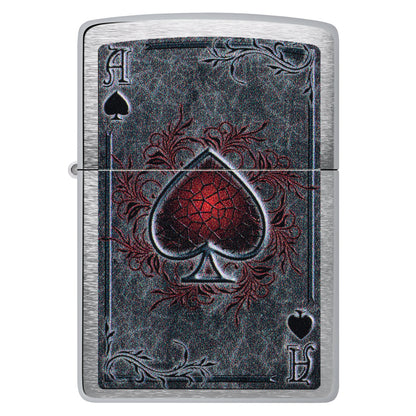 Front view of Zippo Antiqued Ace Design Brushed Chrome Windproof Lighter.