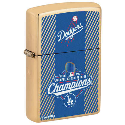 Front shot of Zippo 2025 World Series™ Champions Commemorative High Polish Brass Windproof Lighter standing at a 3/4 angle.