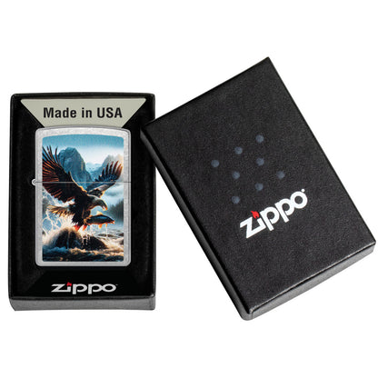 Zippo Catch of the Day Design Street Chrome Windproof Lighter in its packaging.