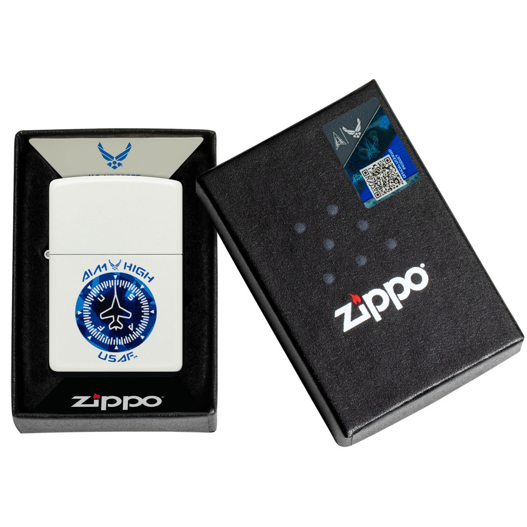 Zippo U.S. Air Force™ Aim High Design White Matte Windproof Lighter in its packaging.