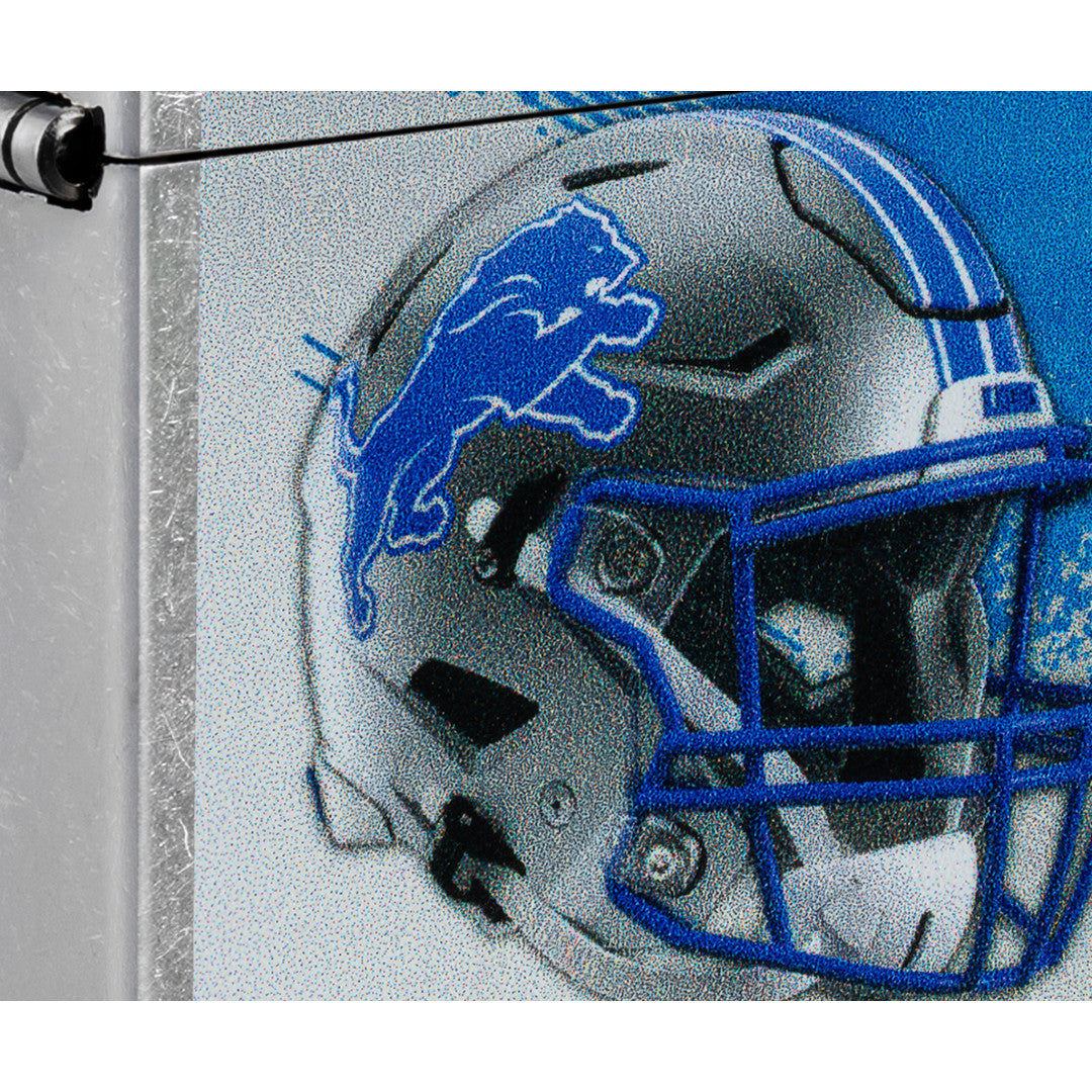 Front view of Zippo NFL Detroit Lions Helmet Design Street Chrome Windproof Lighter close up to show the detail of the lighter.