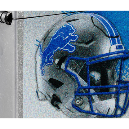 Front view of Zippo NFL Detroit Lions Helmet Design Street Chrome Windproof Lighter close up to show the detail of the lighter.