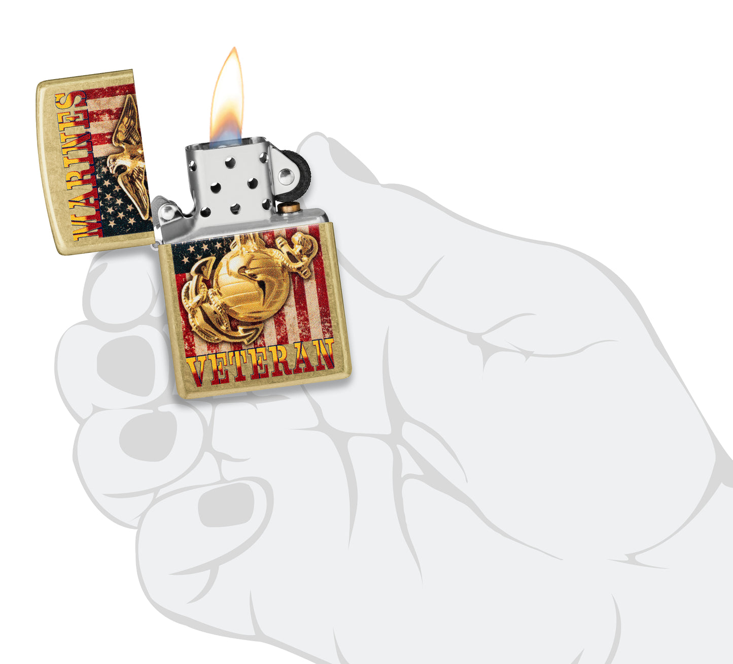 Zippo U.S. Marine Corps Veteran Design Street Brass Windproof Lighter lit in hand.