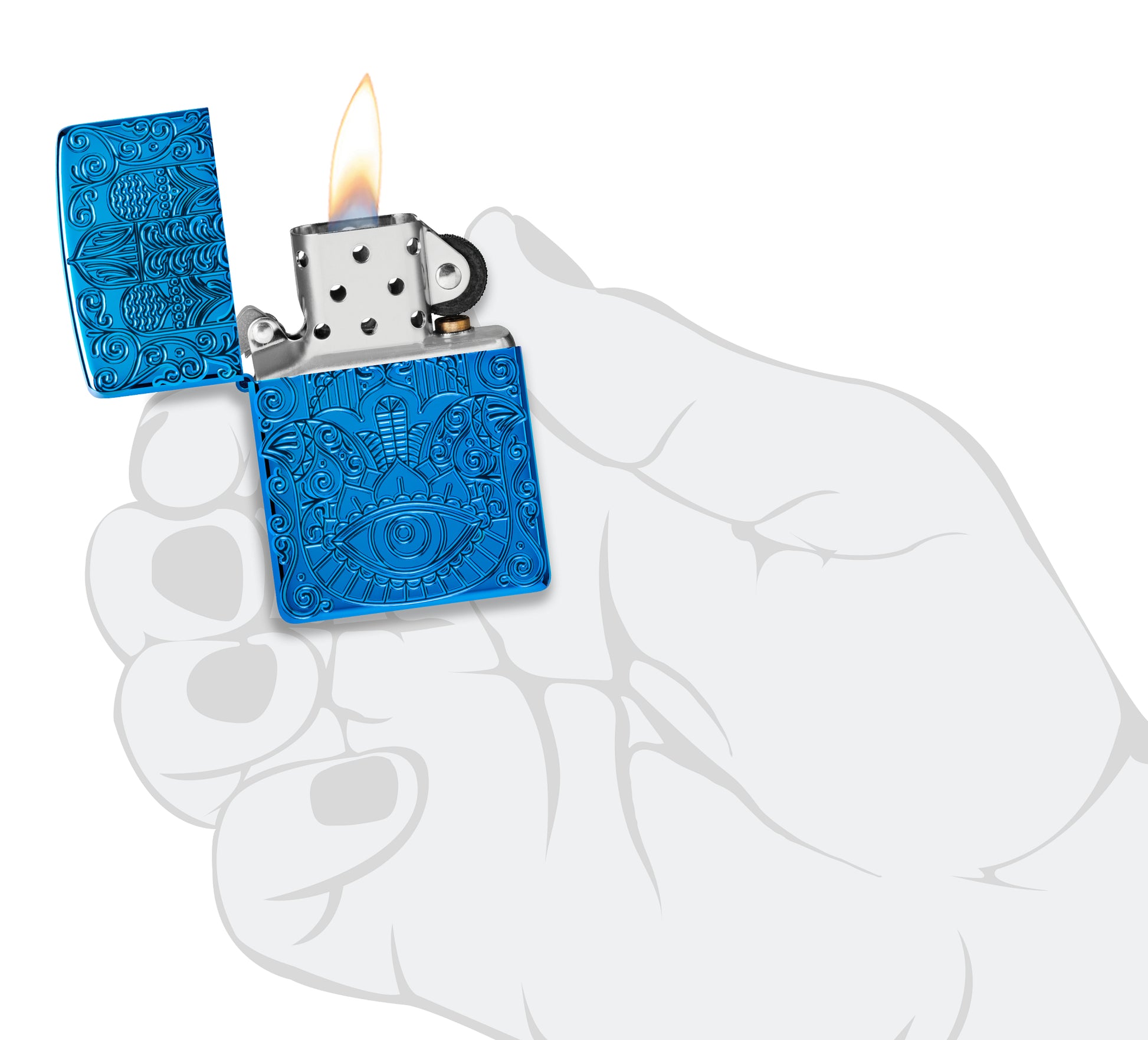 Zippo Hamsa Armor® High Polish Blue Windproof Lighter lit in hand.