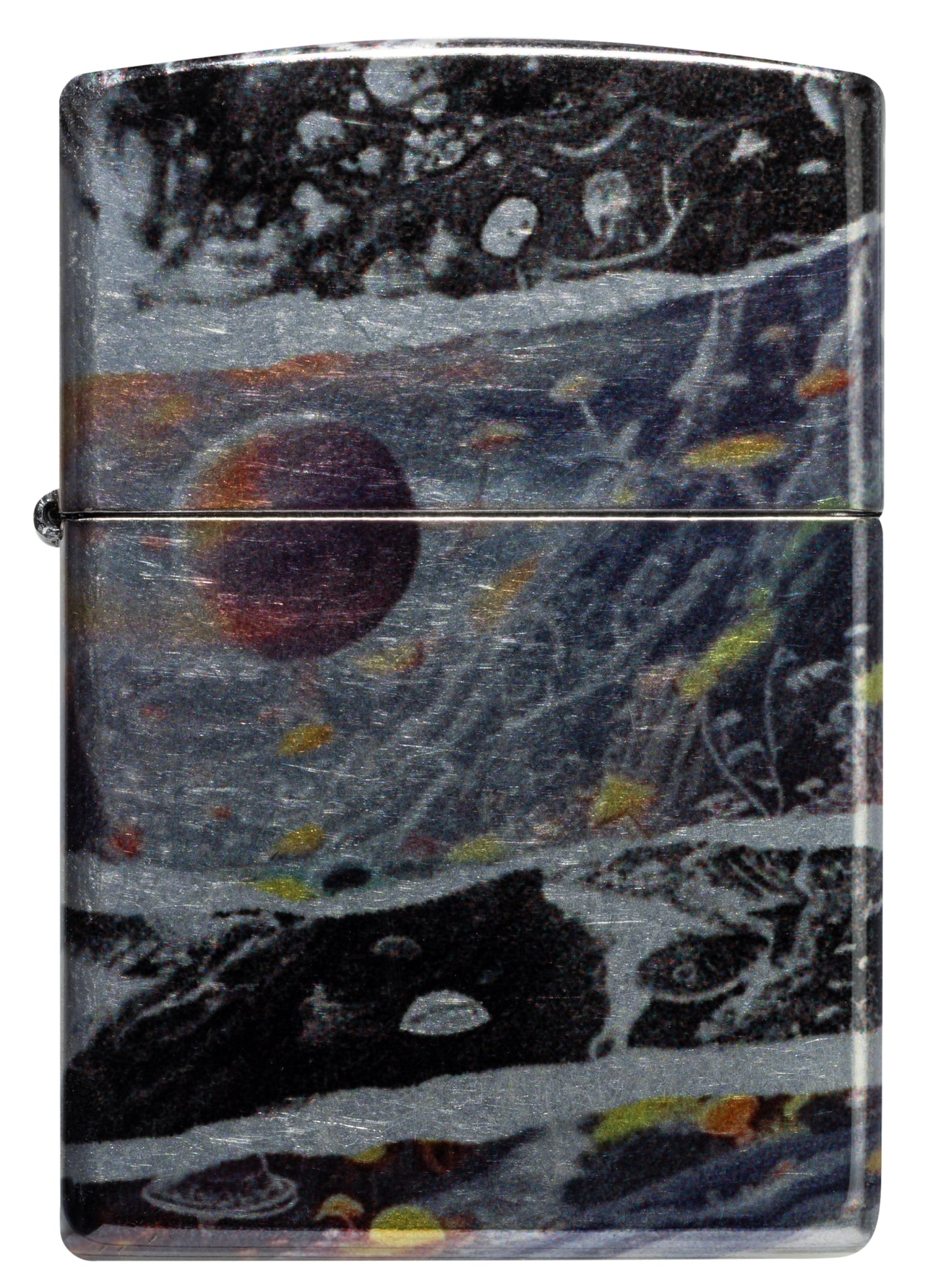 Front view of Zippo Fusion Galaxy Design 540 Tumbled Chrome Windproof Lighter.