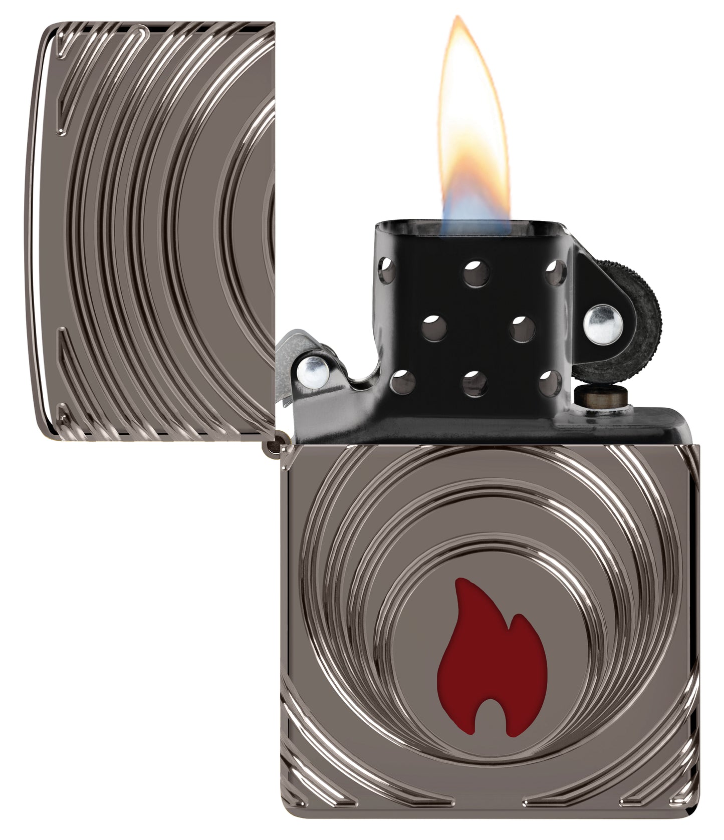 Zippo 2026 Collectible of the Year Windproof Lighter with its lid open and lit.