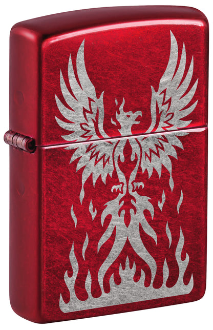 Front shot of Zippo Phoenix Rising Design Candy Apple Red Windproof Lighter standing at a 3/4 angle.
