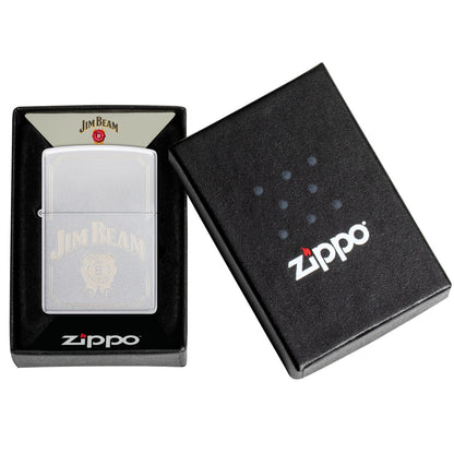 Zippo Jim Beam® Border Design Satin Chrome Windproof Lighter in its packaging.