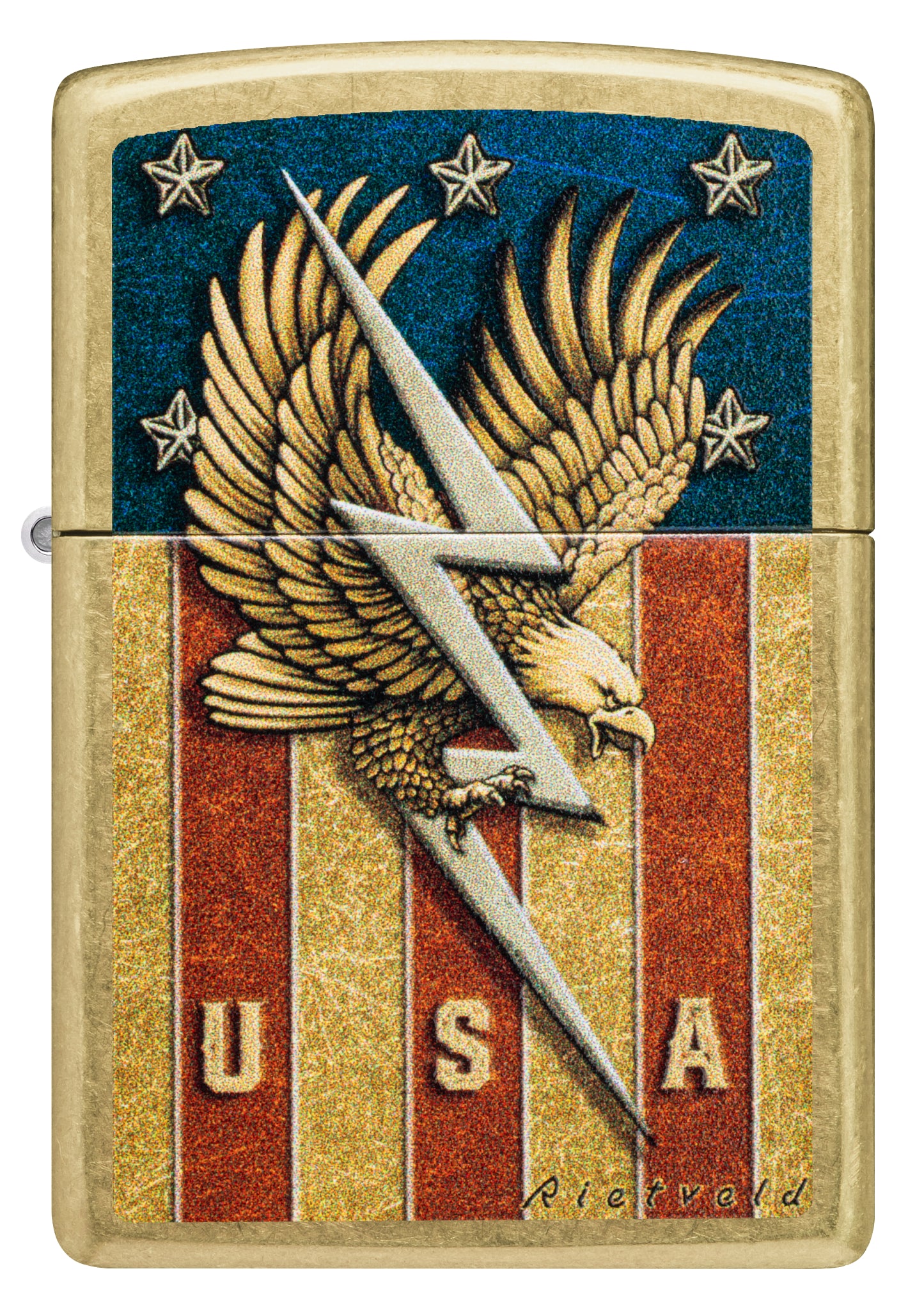 Front view of Zippo Rietveld USA Design Street Brass Windproof Lighter.