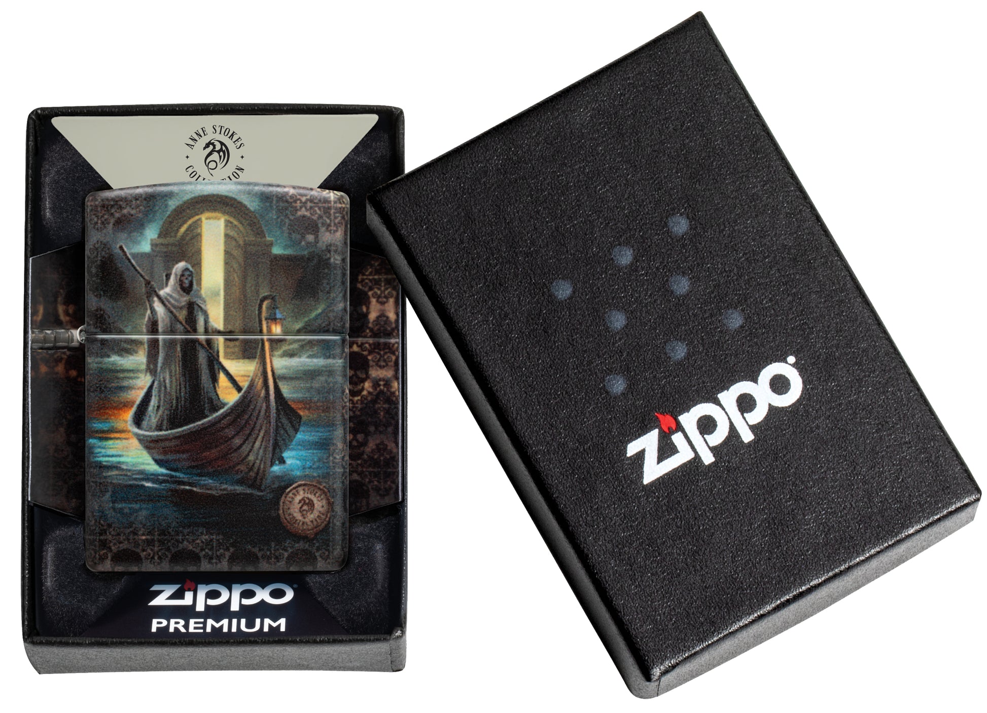 Zippo Anne Stokes The Ferryman Design 540 Matte Windproof Lighter in its packaging.