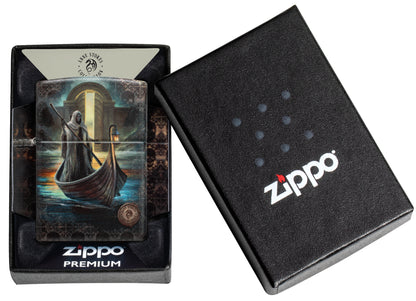 Zippo Anne Stokes The Ferryman Design 540 Matte Windproof Lighter in its packaging.