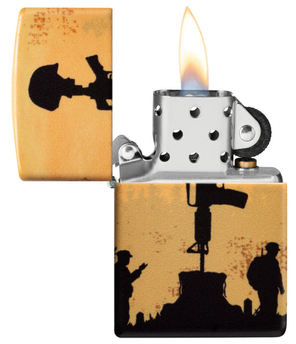 Zippo 2025 Veterans Day Commemorative 540 Matte Windproof Lighter with its lid open and lit.