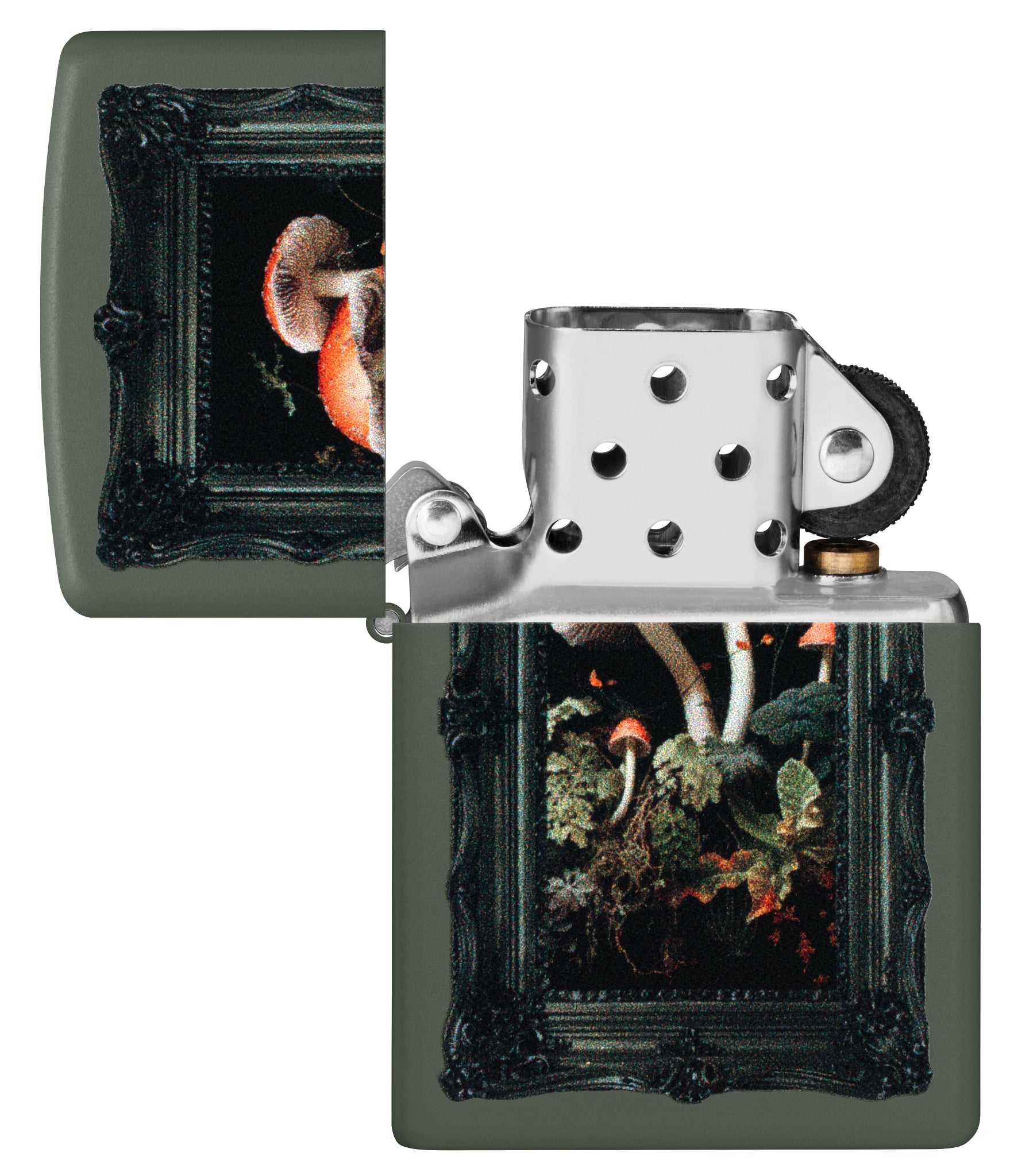 Zippo Framed Fungi Design Green Matte Windproof Lighter with its lid open and unlit.