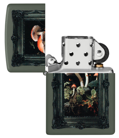 Zippo Framed Fungi Design Green Matte Windproof Lighter with its lid open and unlit.