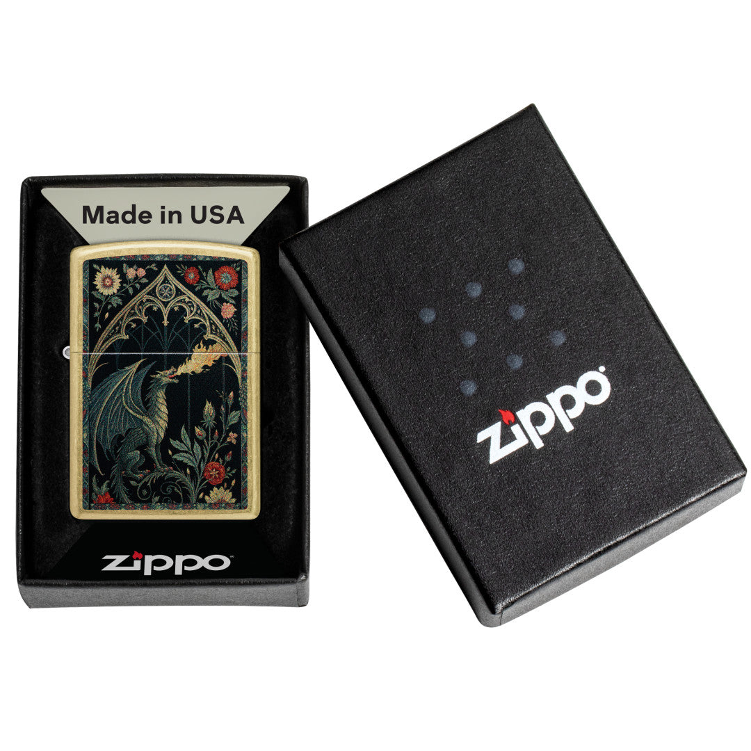 Zippo Dragon Tapestry Design Street Brass Windproof Lighter in its packaging.