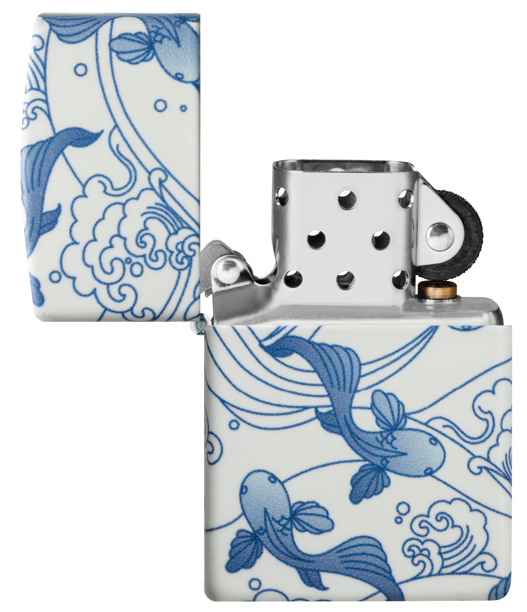 Zippo Porcelain Koi Design 540 Matte Windproof Lighter with its lid open and unlit.