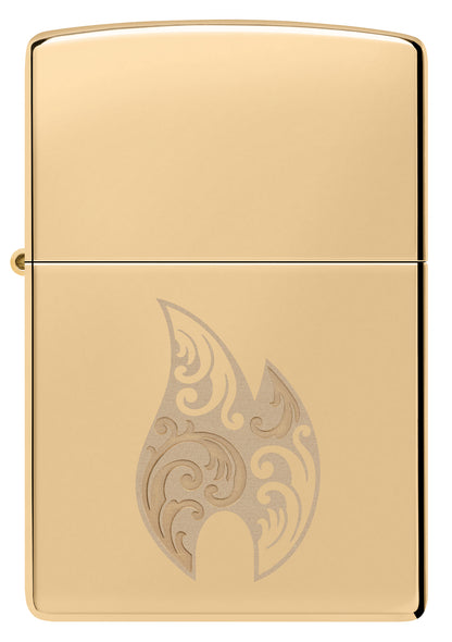 Front view of Zippo Filigree Flame Design High Polish Brass Windproof Lighter.