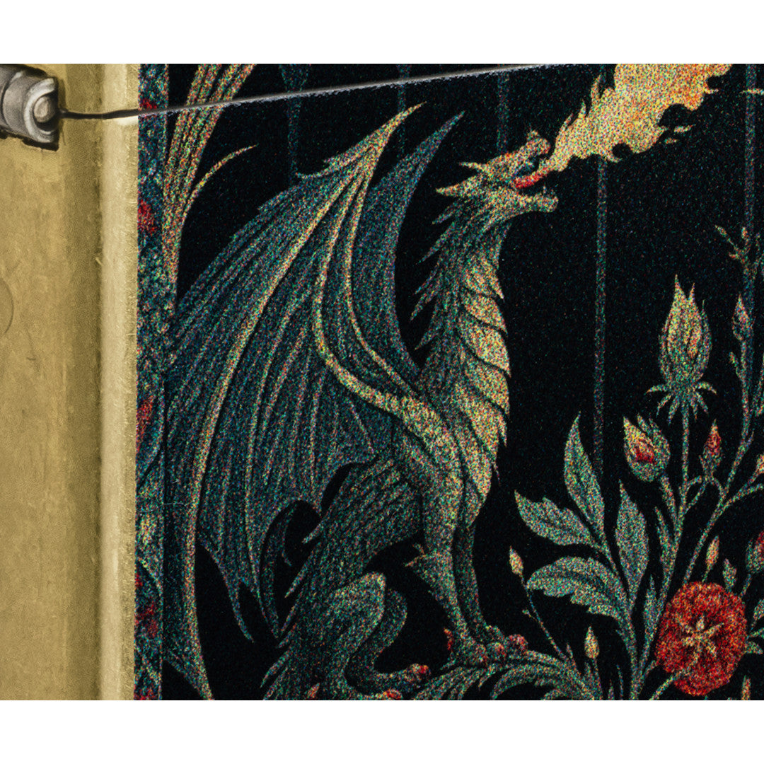 Front view of Zippo Dragon Tapestry Design Street Brass Windproof Lighter close up to show the detail of the lighter.