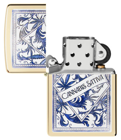 Zippo Sativa Serenity Design Champagne Windproof Lighter with its lid open and unlit.