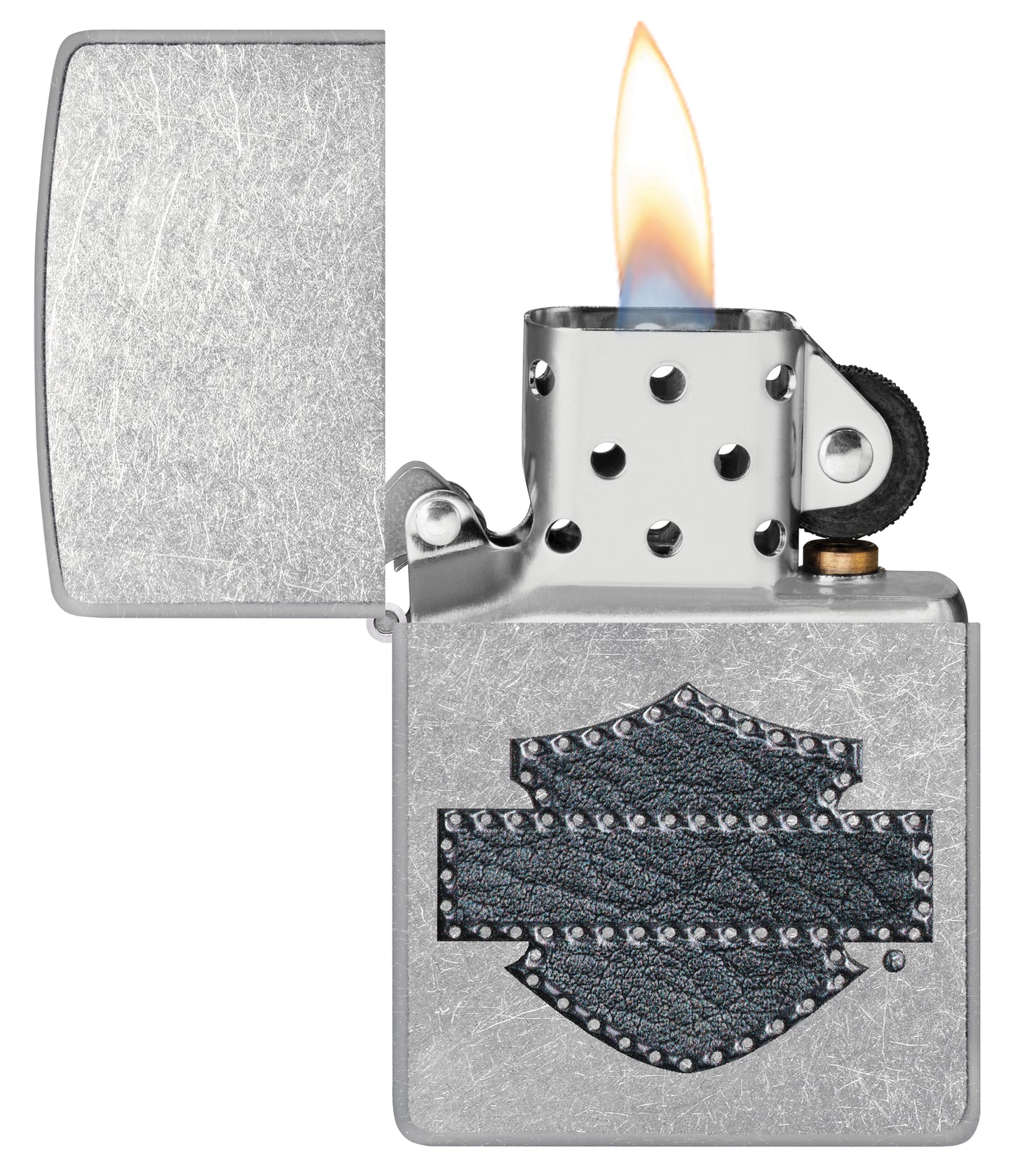 Zippo Harley-Davidson® Leathered Logo Design Street Chrome Windproof Lighter with its lid open and lit.