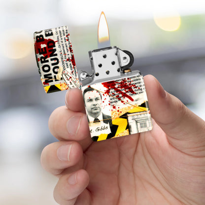 Zippo Murder Mystery Design 540 Matte Windproof Lighter lit in hand.