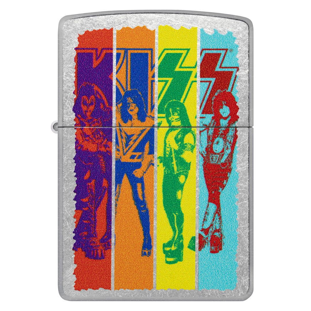 Front view of Zippo KISS® Fly Flag Design Street Chrome Windproof Lighter.