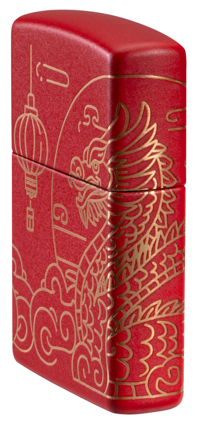 Angled shot of  Zippo Chinese New Year Design Red Matte Windproof Lighter showing the front and non-hinge side of the lighter.