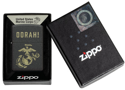 Zippo U.S. Marine Corps Oorah Design Black Crackle® Windproof Lighter in its packaging.