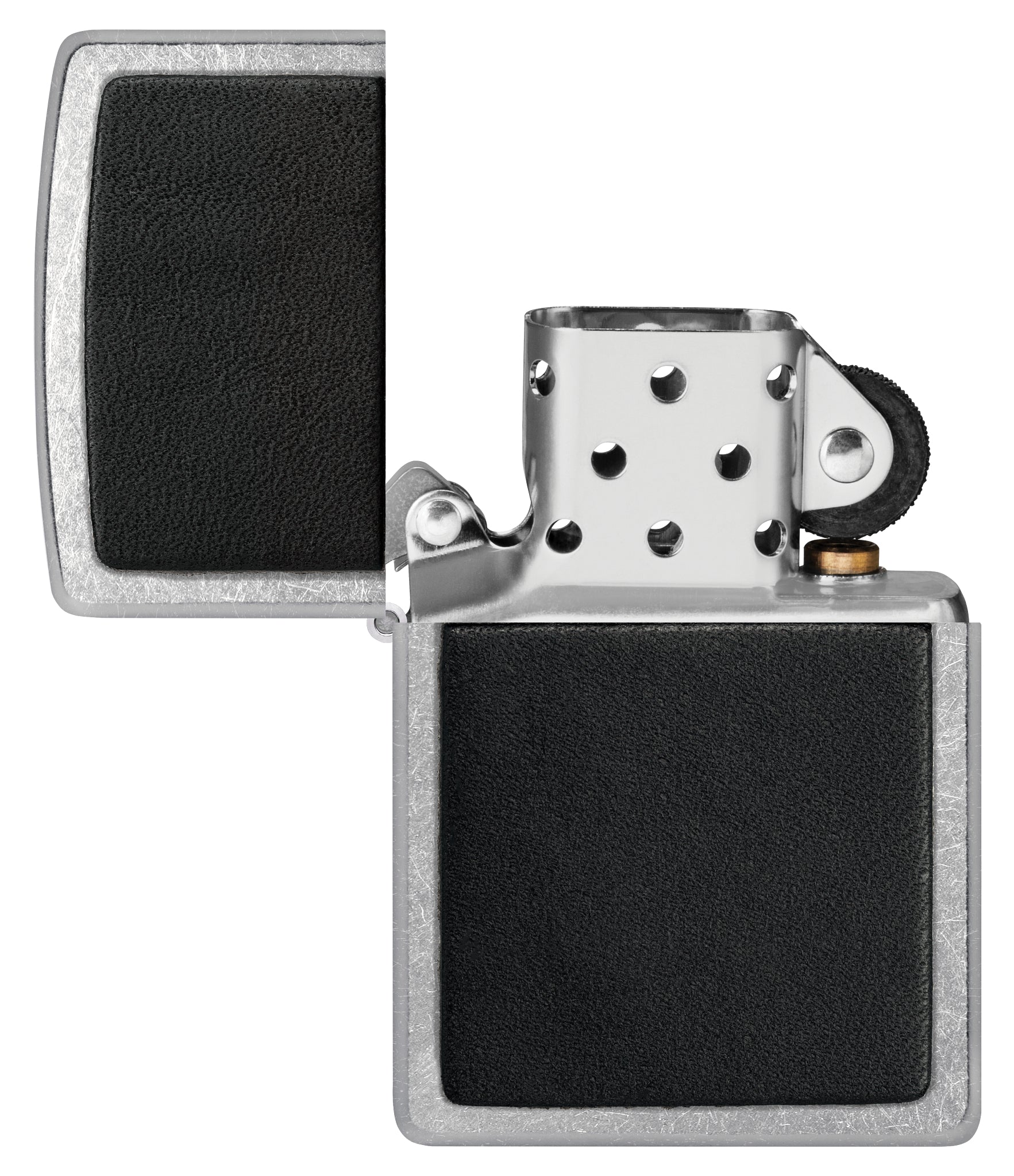 Zippo Black Leather Emblem Street Chrome Windproof Lighter with its lid open and unlit.