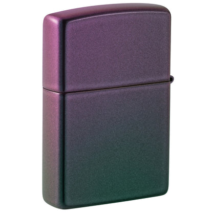 Back view of Zippo Rainbow Records Design Iridescent Windproof Lighter standing at a 3/4 angle.