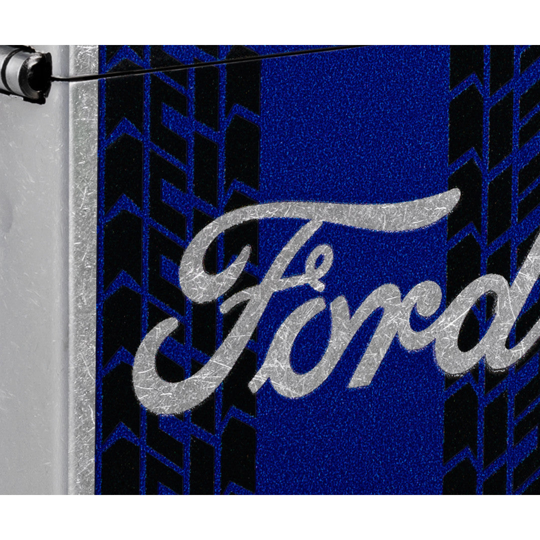 Front view of Zippo Ford Racing Stripes Design Street Chrome Windproof Lighter close up to show the detail of the lighter.
