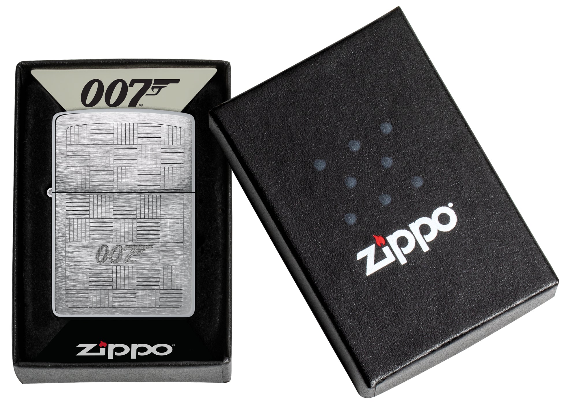 Zippo James Bond® Tuxedo Design Brushed Chrome Windproof Lighter in its packaging.