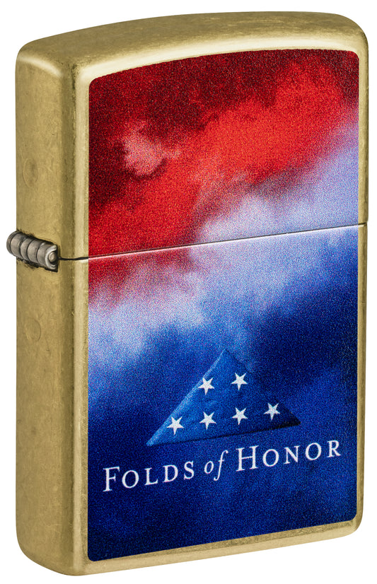 Front shot of Zippo Folds of Honor Clouds Design Street Brass Windproof Lighter standing at a 3/4 angle.