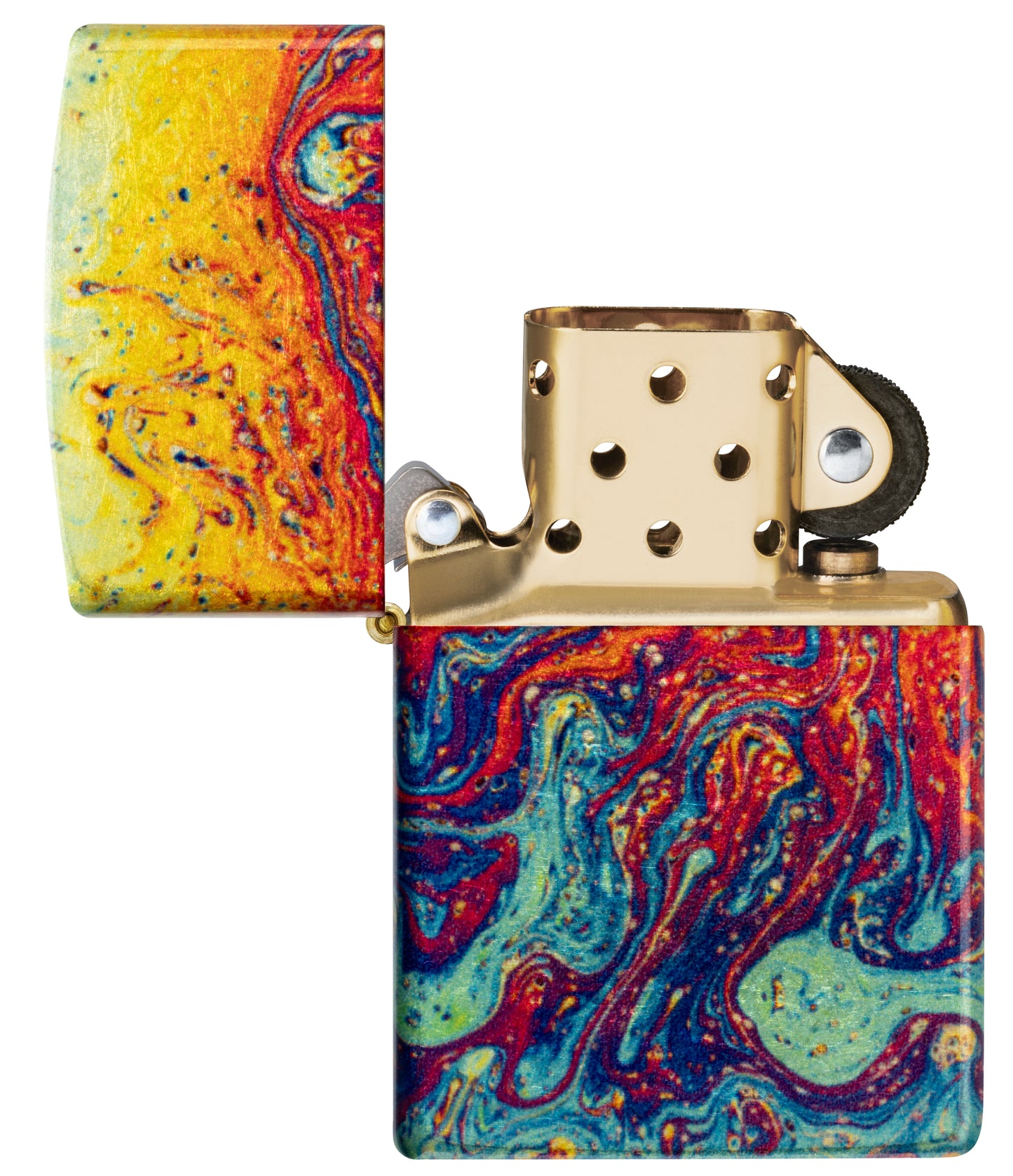 Zippo Magma Fusion Design 540 Tumbled Brass Windproof Lighter with its lid open and unlit.