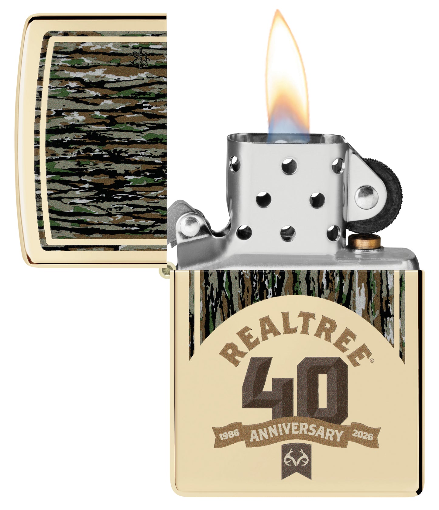 Zippo Realtree® 40th Anniversary Design Champagne Windproof Lighter with its lid open and lit.