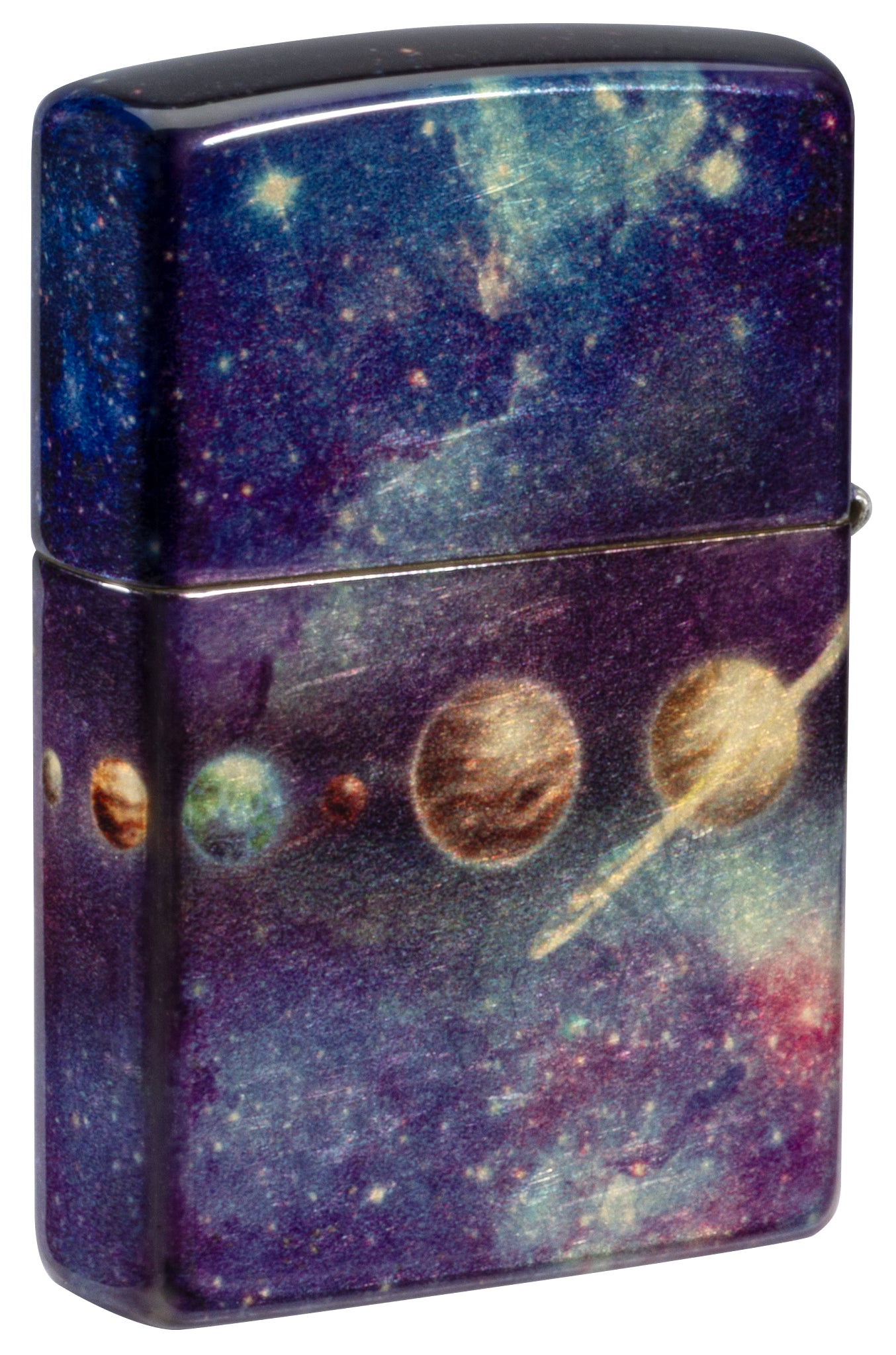 Back view of Zippo Solar Flare Design 540 Tumbled Brass Windproof lighter standing at a 3/4 angle.