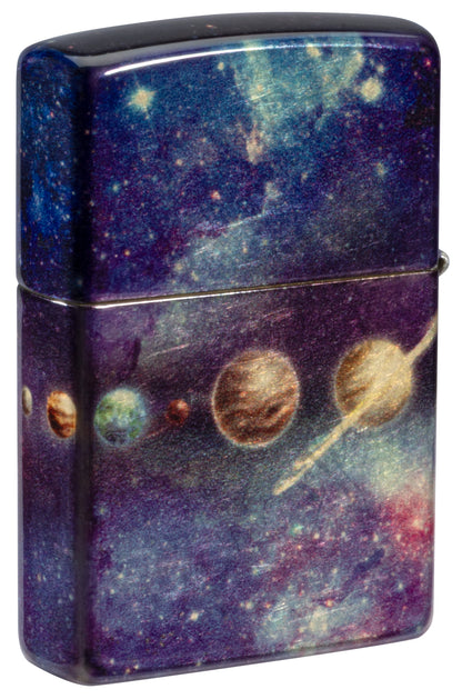 Back view of Zippo Solar Flare Design 540 Tumbled Brass Windproof lighter standing at a 3/4 angle.