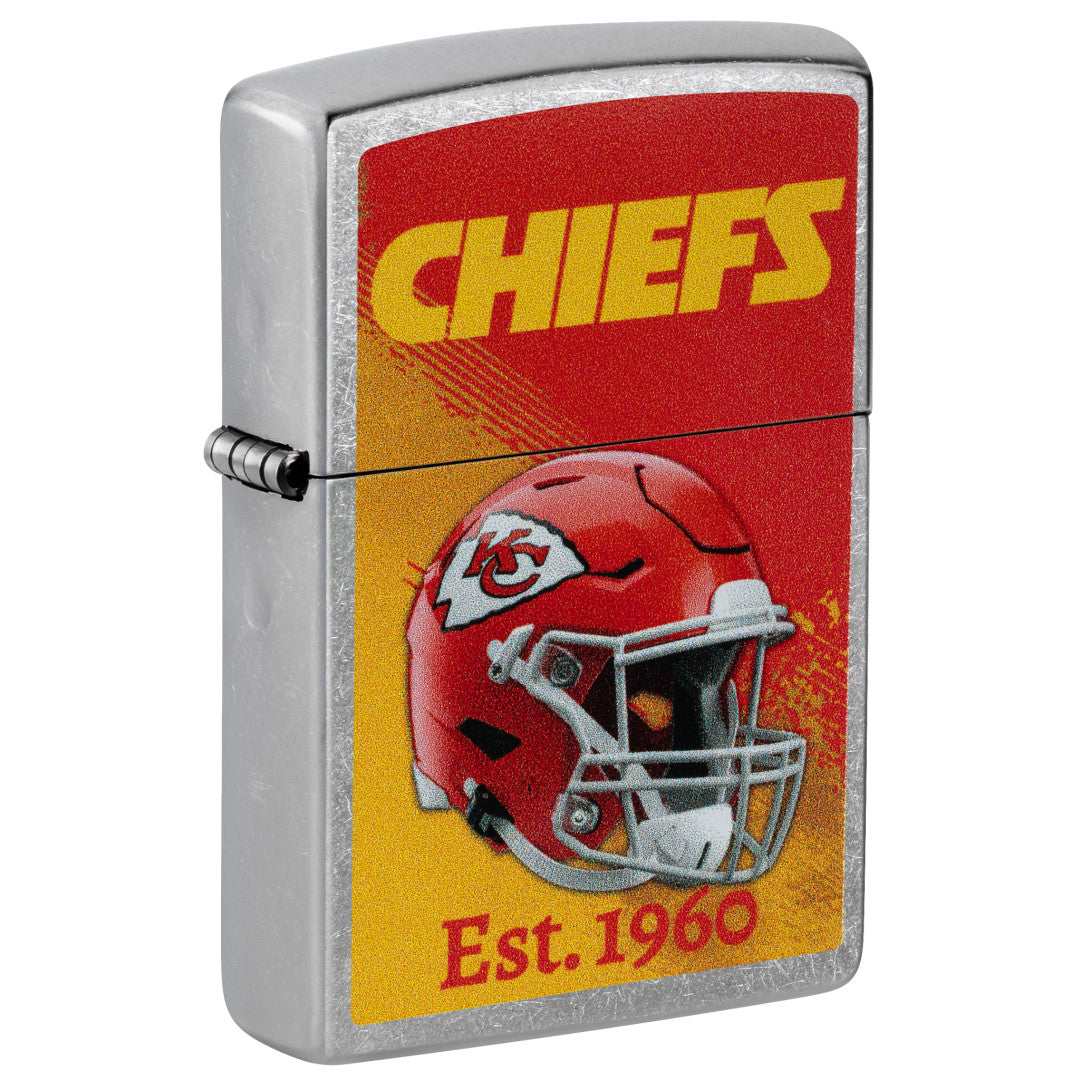 Front shot of Zippo NFL Kansas City Chiefs Helmet Design Street Chrome Windproof Lighter standing at a 3/4 angle.