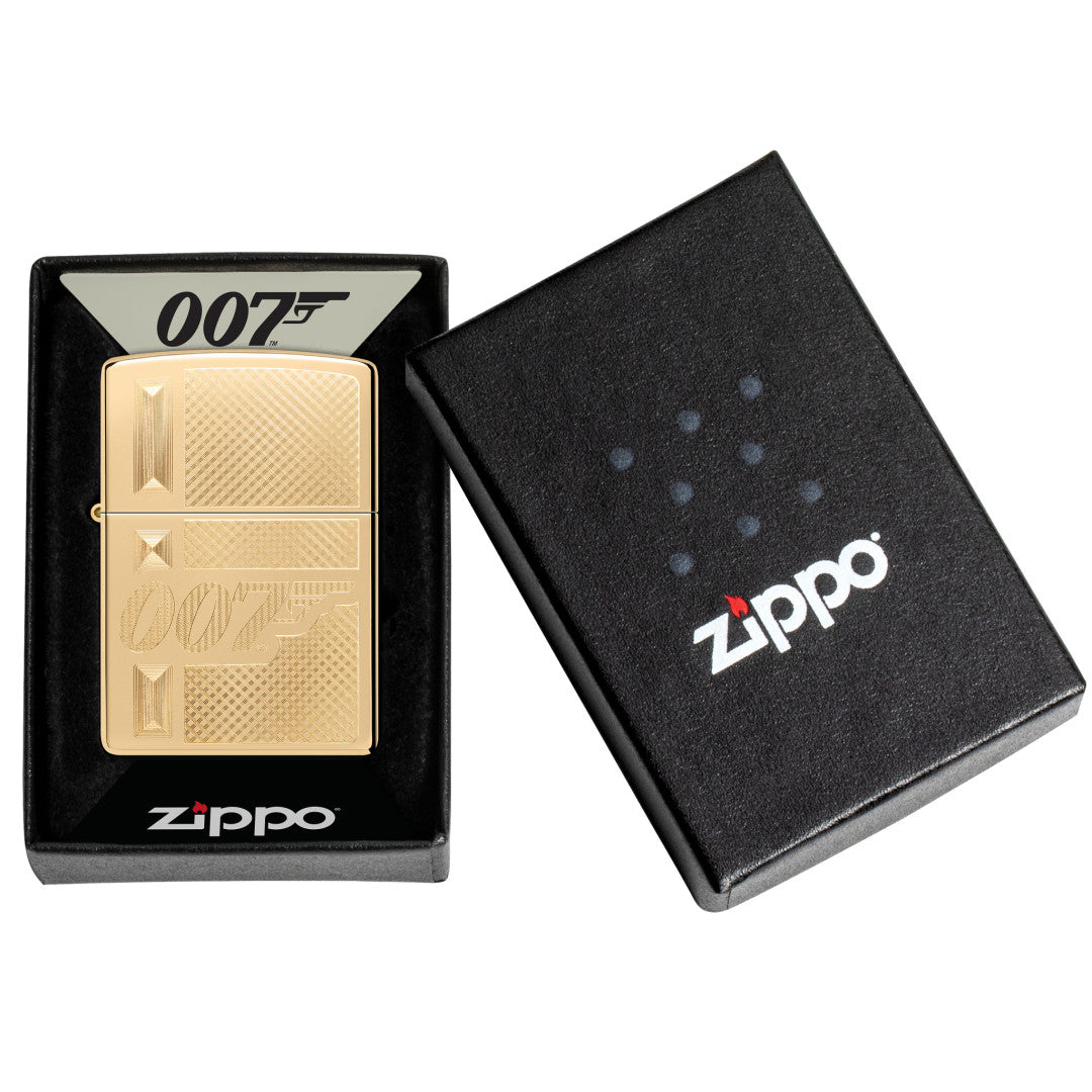 Zippo James Bond 007™ Gingham Design High Polish Brass Windproof Lighter in its packaging.