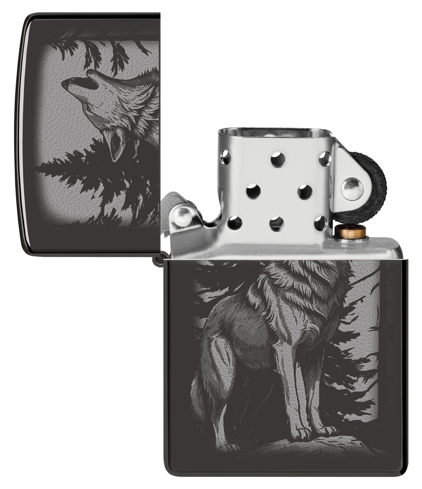 Zippo Howling Wolf Design High Polish Black Windproof Lighter with its lid open and unlit.