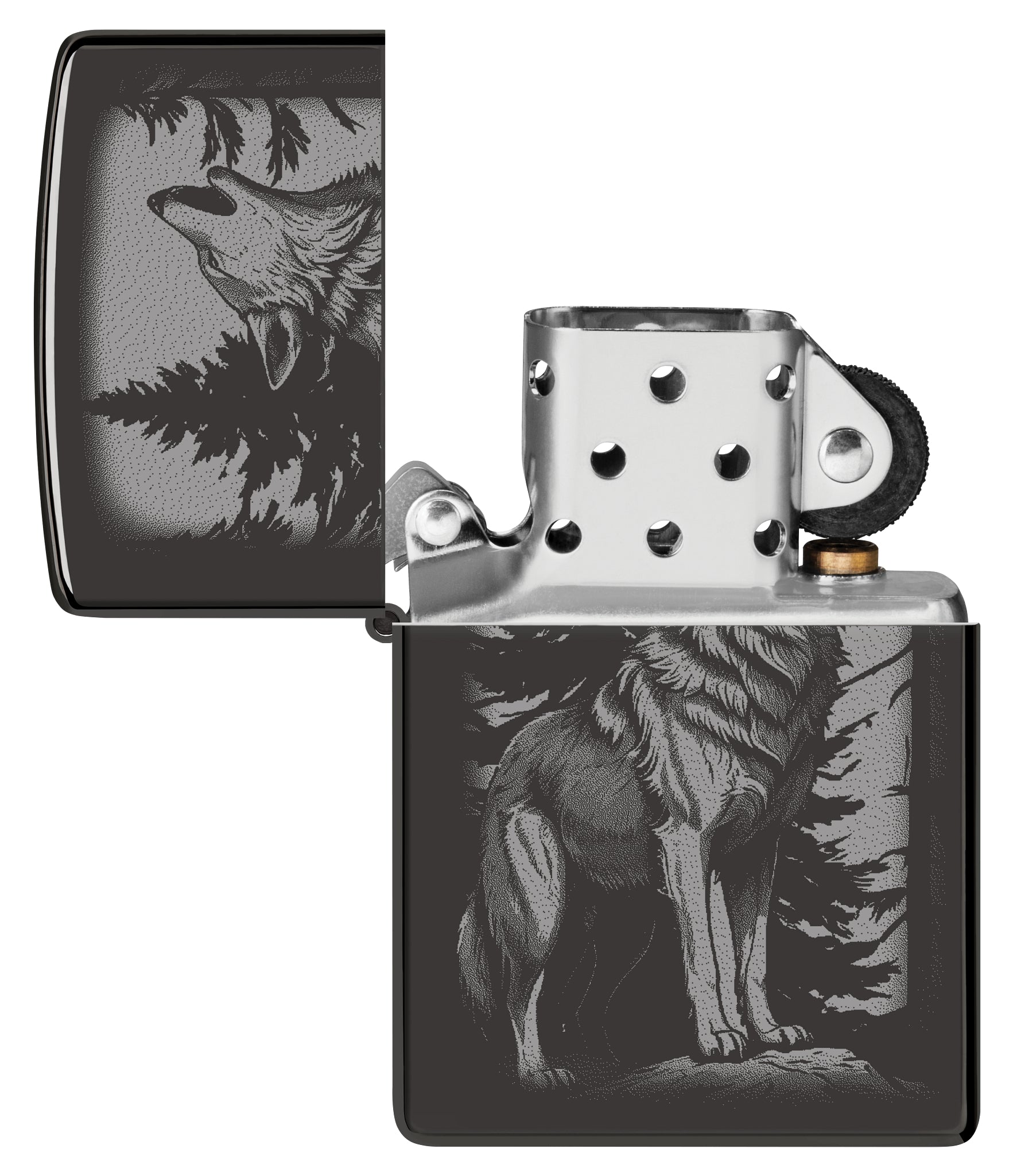 Zippo Howling Wolf Design High Polish Black Windproof Lighter with its lid open and unlit.