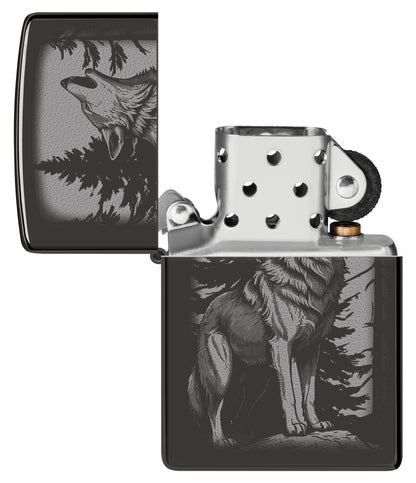 Zippo Howling Wolf Design High Polish Black Windproof Lighter with its lid open and unlit.
