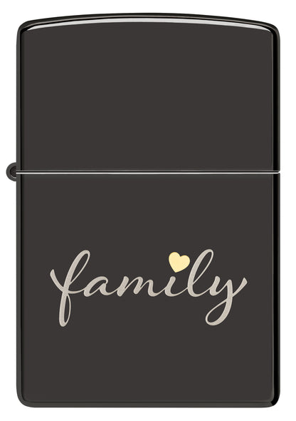 Front view of Zippo Family Design High Polish Black Windproof Lighter.