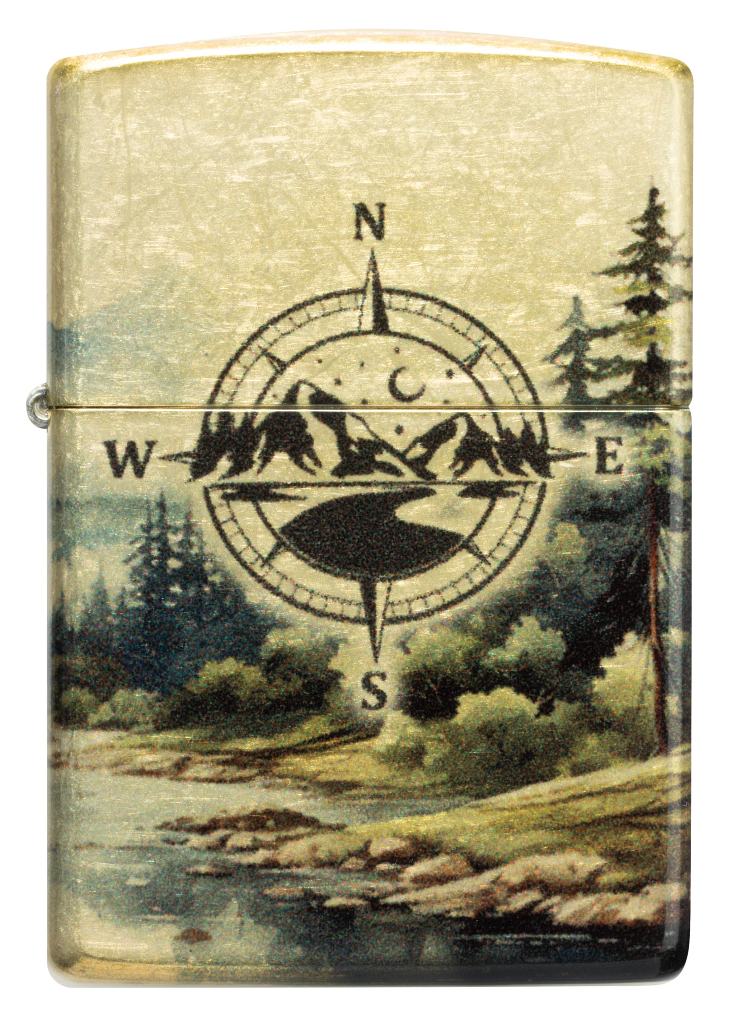 Front view of Zippo Watercolor Wilderness Design 540 Tumbled Brass Windproof Lighter.